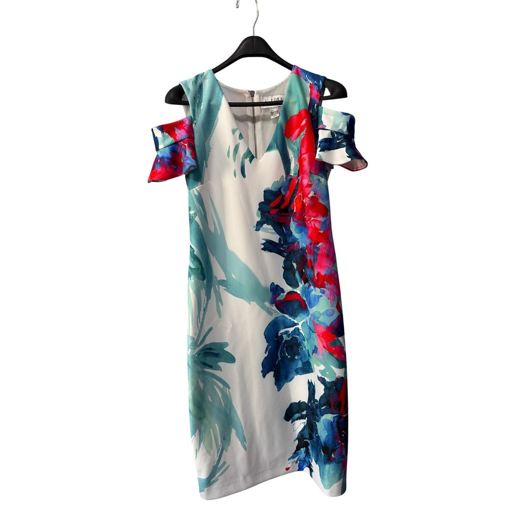 Joseph‎ Ribkoff Floral Cold Shoulder Sheath Dress Ruffle Sleeve Blue Red Size 10